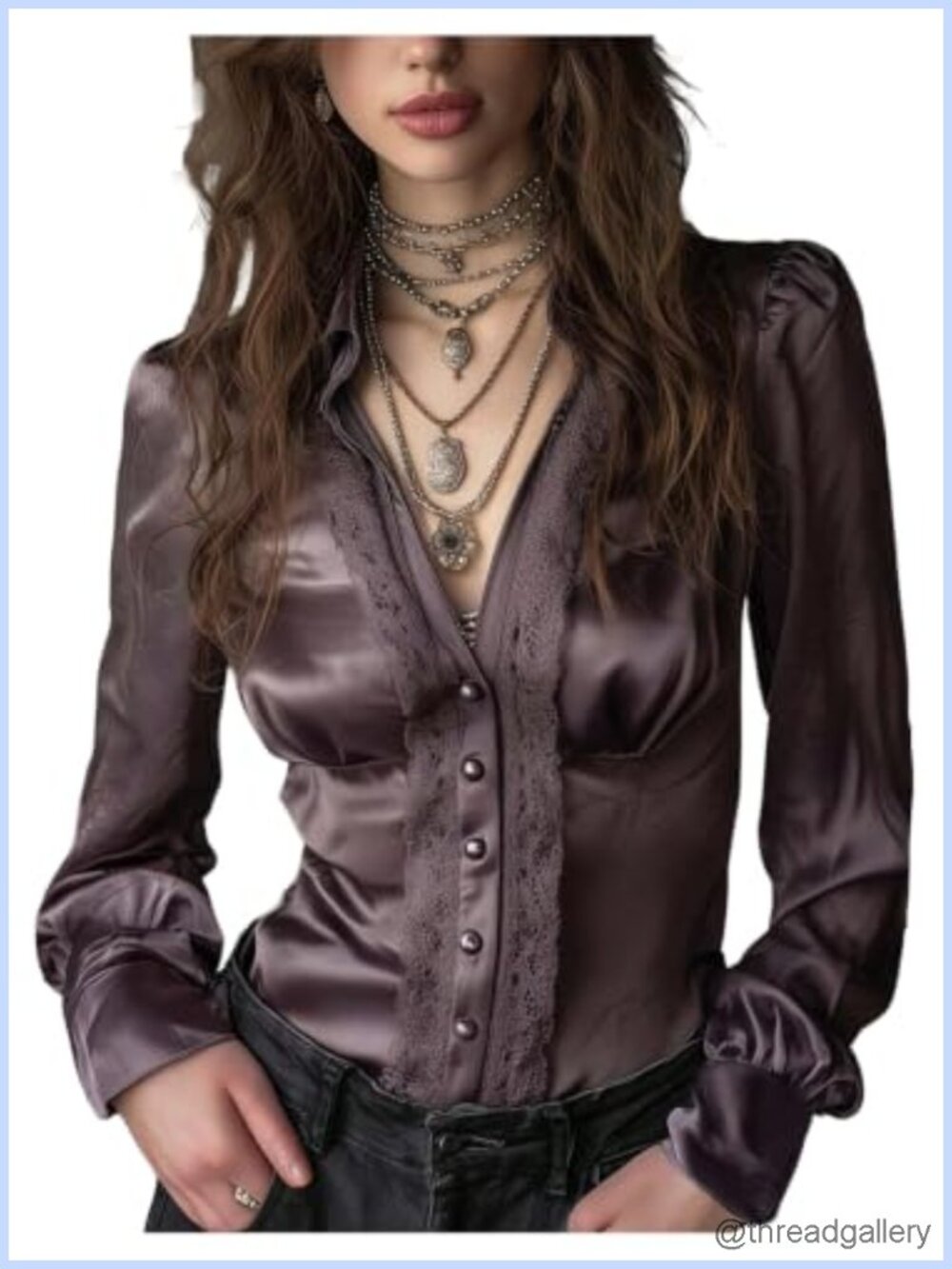 Satin Button Down Blouse Lace V Neck Elegant Retro Shirt